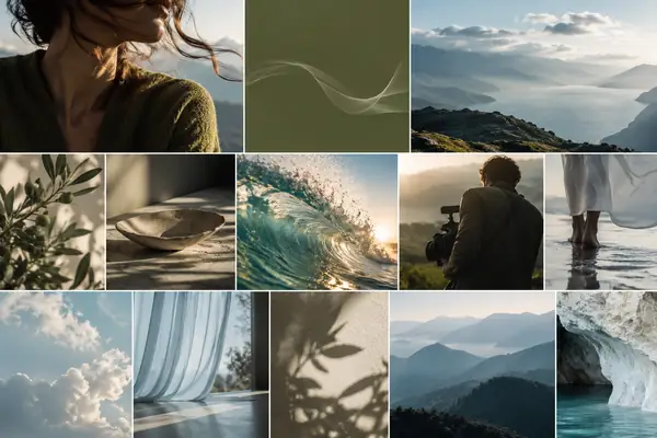 An editorial creative moodboard of a portrait, an olive-green wordmark card, soft product imagery and pale blue color references.