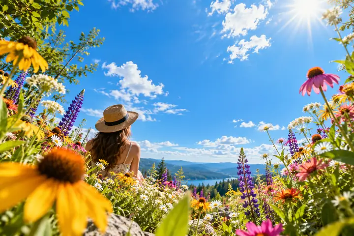 A vibrant wildflower garden framing an open blue sky, photographed in bright summer sunlight.