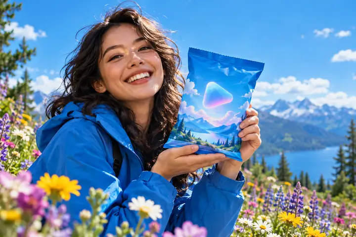 A person in a blue jacket presenting a cheerful blue snack package amid colorful flowers against a vivid blue sky.
