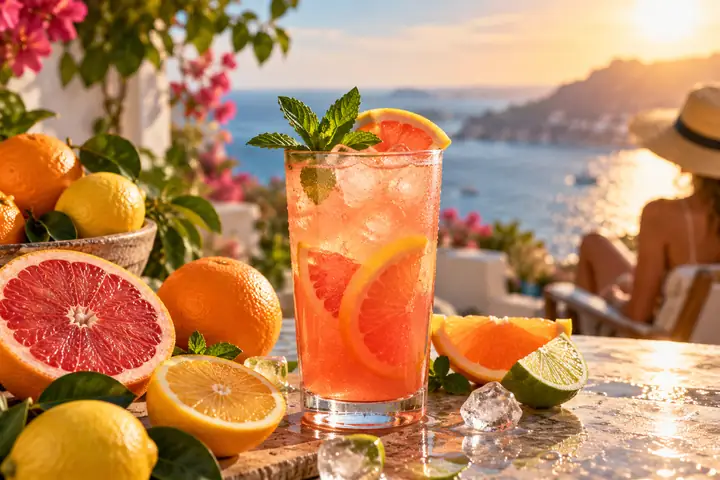 A colorful chilled drink surrounded by citrus fruit against a saturated summer backdrop.