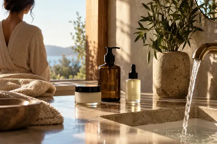 Minimal skincare bottles beside a sunlit sink, photographed with soft reflections and natural textures.