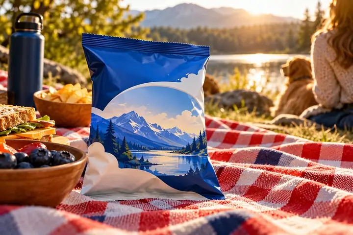 A blue-and-white snack package styled on a vivid picnic cloth in warm afternoon light.