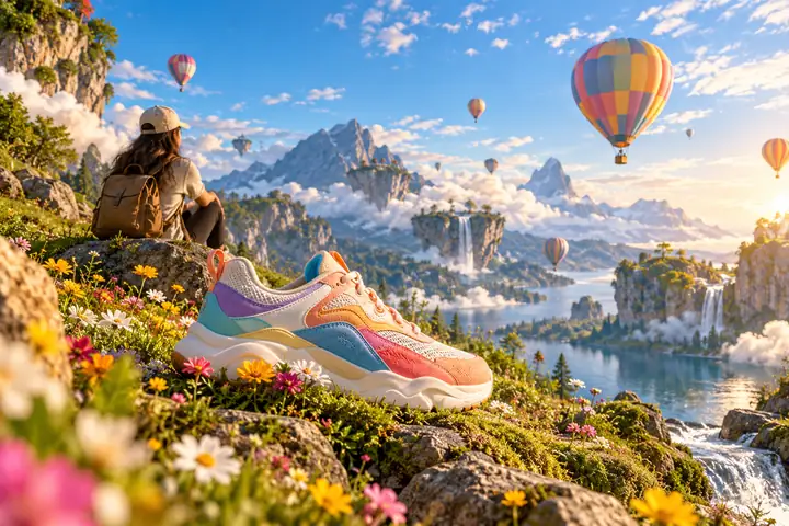 A surreal summer landscape with a colorful sneaker, tiny flowers and hot-air balloons under a blue sky.