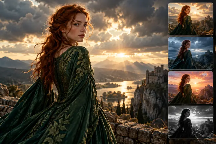 A red-haired character in a richly textured green dress beneath a dramatic cloudy sky, with a small visual-style selection panel.