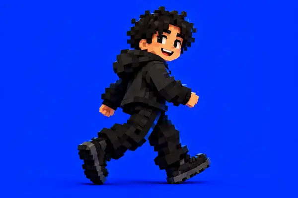 A playful, chunky pixel-art character in black, mid-stride against a saturated electric-blue background.