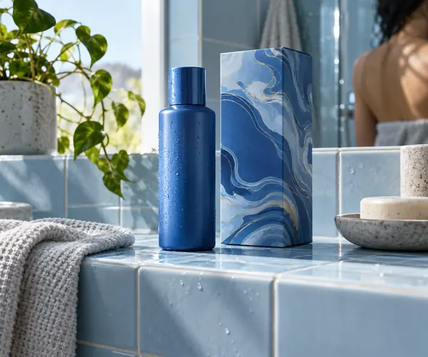 A blue cosmetic bottle and patterned carton on a pale blue tiled bathroom shelf.