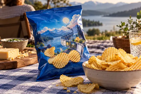 A playful blue snack package and ridged crisps arranged on a checked tablecloth.