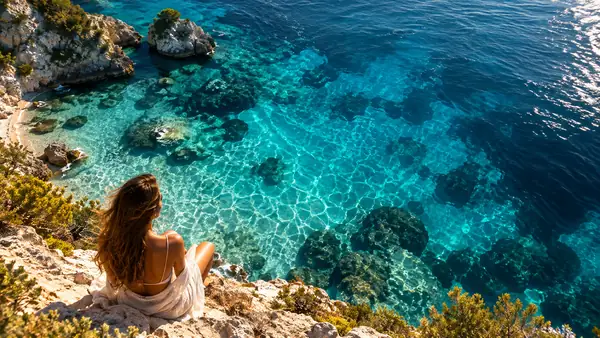 Sunlit turquoise water seen from above, with luminous ripples and an atmospheric deep-blue edge.