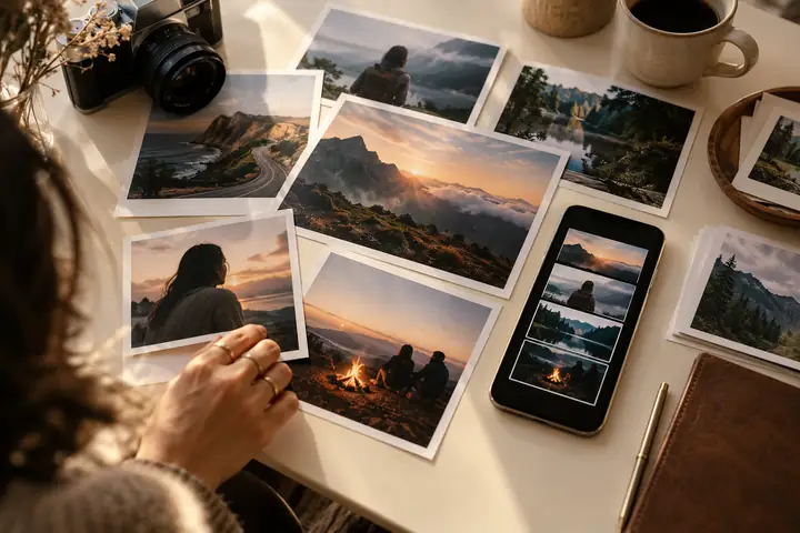 An art-directed collection of printed photographs and a phone showing a video storyboard on a cream-colored table.