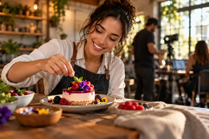 A stylish food creator presenting a colorful dessert at a wooden table in a lively editorial photograph.
