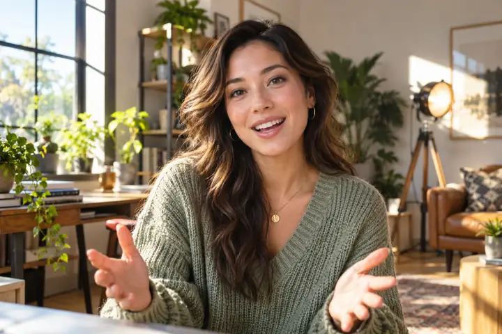 A friendly creator speaking naturally to the camera in a sunlit home studio.