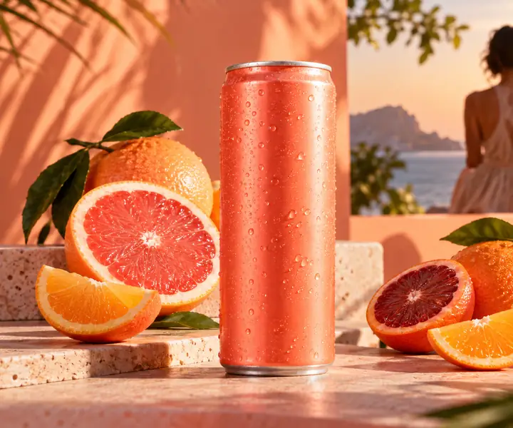 A bright coral drink can with citrus fruit arranged against a peach-colored studio backdrop.