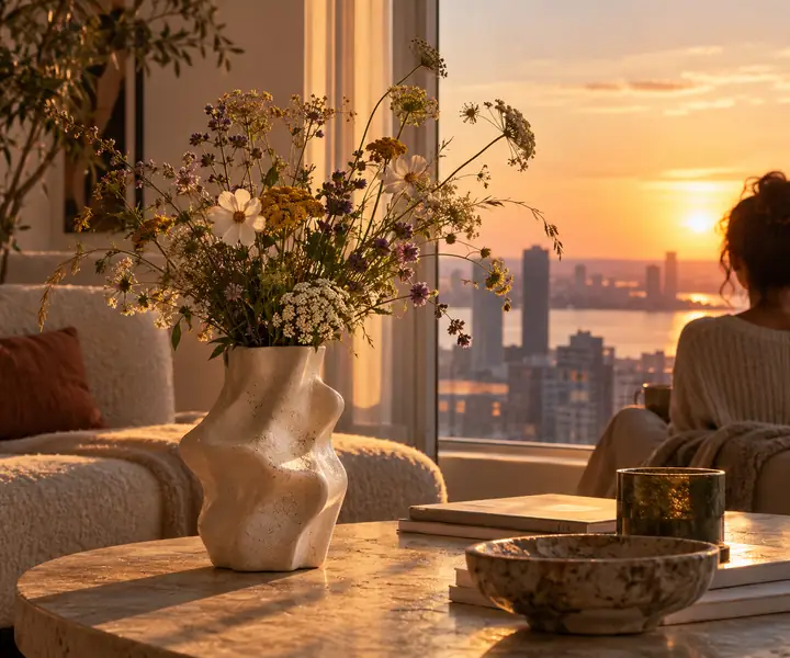 A sculptural ceramic vase with wildflowers beside a sunlit apartment window at golden hour.