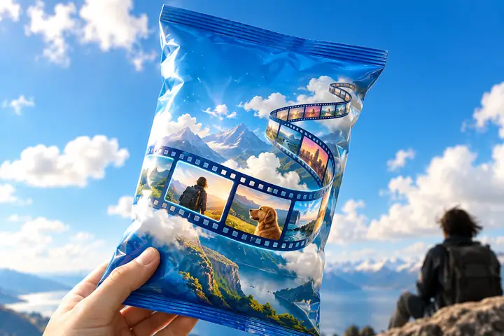 Playful close-up of a blue snack package against a vivid sky and soft white clouds.