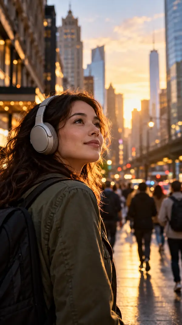 A thoughtful traveler wearing headphones on a busy city street in a vertical cinematic frame.
