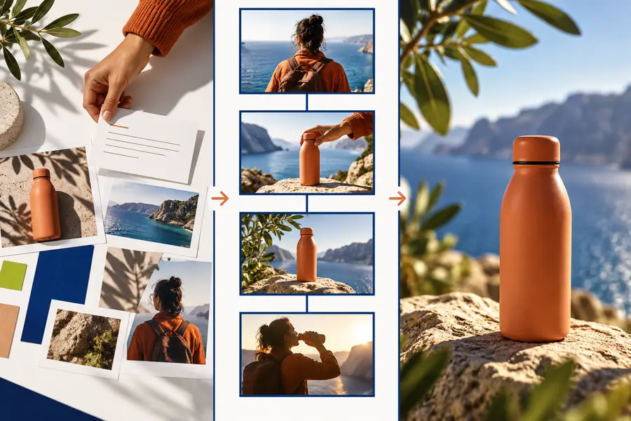 A framed product scene after composition and motion direction